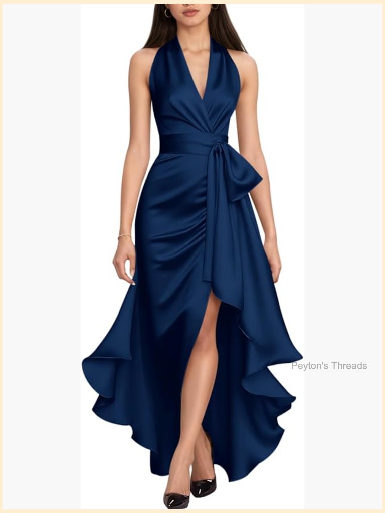 High Low Prom Dress V-Neck Halter 2025 Satin A-Line Pleated Party Gown Tie Waist